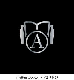 Initial Letter A with Book Logo Silver Black Background