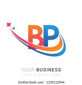 initial letter BP logotype company name colored orange, red and blue swoosh star design. vector logo for business and company identity.