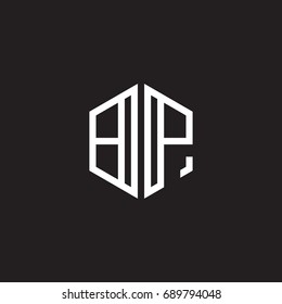 Initial letter BP, minimalist line art monogram hexagon shape logo, white color on black background