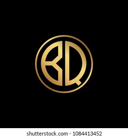 Initial letter BQ, minimalist line art monogram circle shape logo, gold color on black background