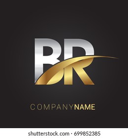 initial letter BR logotype company name colored gold and silver swoosh design. isolated on black background.