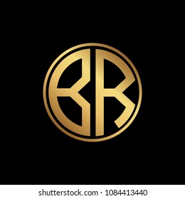 Initial letter BR, minimalist line art monogram circle shape logo, gold color on black background