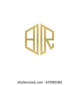 Initial letter BR, minimalist line art hexagon shape logo, gold color
