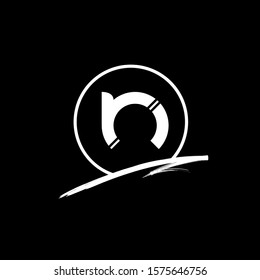 Initial Letter brush n lowercase monogram. White Logo template isolated on black background