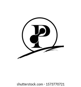 Initial Letter brush P monogram Sliced. Black Logo template isolated on white background