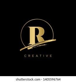 Initial Letter brush R Monogram Sliced. Gold Logo template isolated on black background