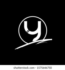 Initial Letter brush y lowercase monogram. White Logo template isolated on black background