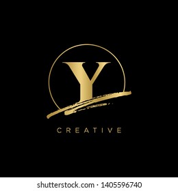 Initial Letter brush Y Monogram Sliced. Gold Logo template isolated on black background