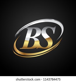 initial letter BS logotype company name colored gold and silver swoosh design. isolated on black background.