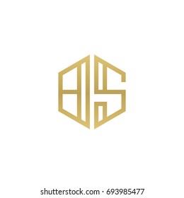 Initial letter BS, minimalist line art hexagon shape logo, gold color