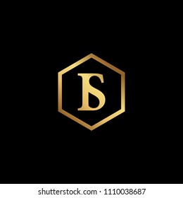 Initial letter BS SB IS SI minimalist art hexagon shape logo, gold color on black background