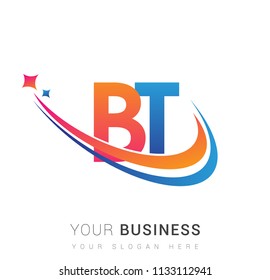 initial letter BT logotype company name colored orange, red and blue swoosh star design. vector logo for business and company identity.