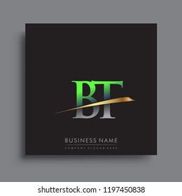 initial letter BT logotype company name colored green and gold swoosh design. vector logo for business and company