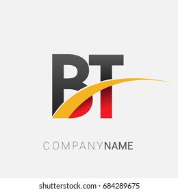 initial letter BT logotype company name colored red, black and yellow swoosh design. isolated on white background.
