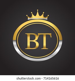 initial letter BT logotype company name with oval shape and crown, gold and silver color. vector logo for business and company identity.