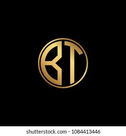 Initial letter BT, minimalist line art monogram circle shape logo, gold color on black background