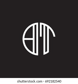 Initial letter BT, minimalist line art monogram circle shape logo, white color on black background