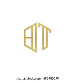 Initial letter BT, minimalist line art hexagon shape logo, gold color