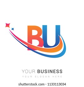 initial letter BU logotype company name colored orange, red and blue swoosh star design. vector logo for business and company identity.