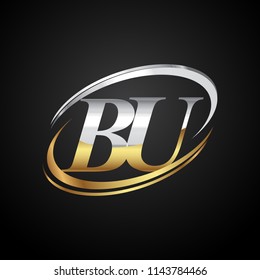 initial letter BU logotype company name colored gold and silver swoosh design. isolated on black background.