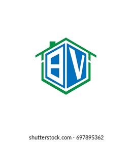 Initial Letter BV Linked Logo, House or Real Estate Badge with Blue and Green Color