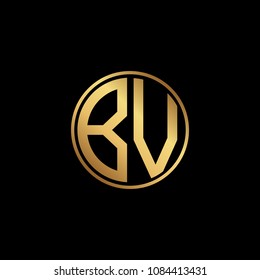 Initial letter BV, minimalist line art monogram circle shape logo, gold color on black background