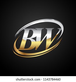 initial letter BW logotype company name colored gold and silver swoosh design. isolated on black background.