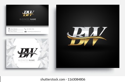 initial letter BW logotype company name colored gold and silver swoosh design. Vector sets for business identity on white background.