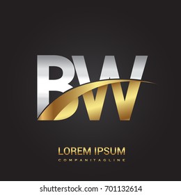 initial letter BW logotype company name colored gold and silver swoosh design. isolated on black background.