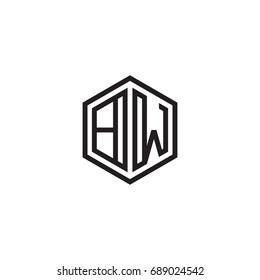 Initial letter BW, minimalist line art monogram hexagon logo, black color