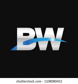 Initial letter BW, overlapping movement swoosh logo, metal silver blue color on black background