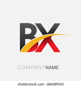 initial letter BX logotype company name colored red, black and yellow swoosh design. isolated on white background.
