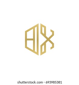 Initial letter BX, minimalist line art hexagon shape logo, gold color