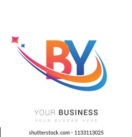 initial letter BY logotype company name colored orange, red and blue swoosh star design. vector logo for business and company identity.