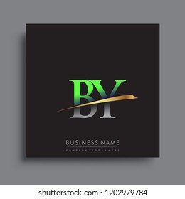 initial letter BY logotype company name colored green and gold swoosh design. vector logo for business and company
