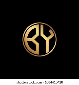 Initial letter BY, minimalist line art monogram circle shape logo, gold color on black background