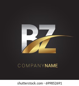 initial letter BZ logotype company name colored gold and silver swoosh design. isolated on black background.