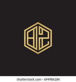 Initial letter BZ, minimalist line art hexagon logo, gold color on black background
