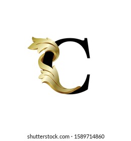 Initial letter C, 3D luxury golden leaf overlapping black sherif font on white background