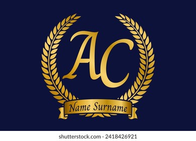 Letra inicial A y C, diseño del logotipo del monograma AC con correa de laurel. emblema dorado de lujo con fuente caligráfica.