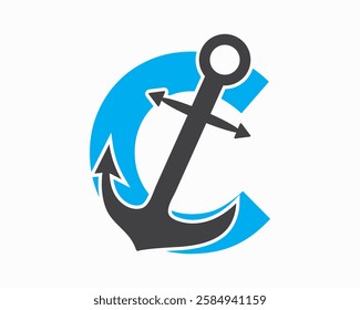 Initial Letter C Anchor Logo Design Concept For Boat, Ship, Yacht, Nautical Transport Symbol