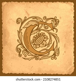 Initial letter C with Baroque decorations on an old paper background in vintage style. Beautiful filigree capital letter C to use for monogram, logo, emblem, greeting card or invitation design