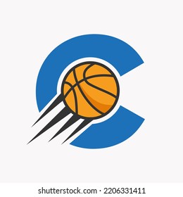 Initial Letter C Basketball Logo Konzept mit bewegtem Basketballsymbol. Vektor-Vektorvorlage für den Ball-Logotyp