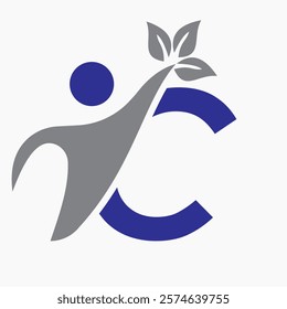 Initial Letter C Bio or Healthcare Logo Design Concept With Human And Green Leaf Symbol