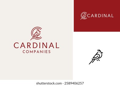Initial Letter C with Cardinal Bird Line Art simple minimalist logo design