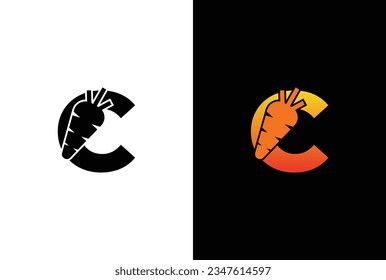 Letra inicial C Plantilla vectorial de diseño de icono de restricción. Plantilla de concepto de diseño del icono del logotipo de zanahoria de la letra C.