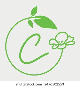 Initial Letter C circle of leaves and flowers logo design. Simple and elegant floral alphabet letter font. Vector Illustration.