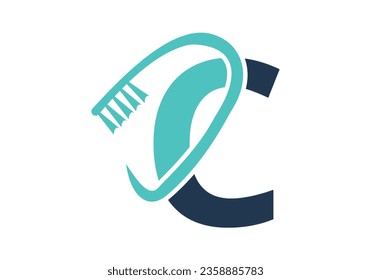 Initial Letter C Dental Logo Combine With Tooth Brush Symbol. Dental Care logo designs vector Template