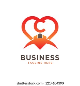 Initial Letter C Finance Business Logo Design with Love Shape in Orange Colored