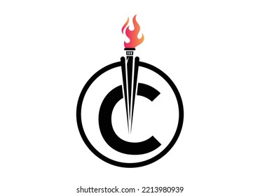Initial Letter C Fire Torch Concept With Fire and Torch Icon Vector Symbol. Modern vector logo for Fire Torch business, and company identity.